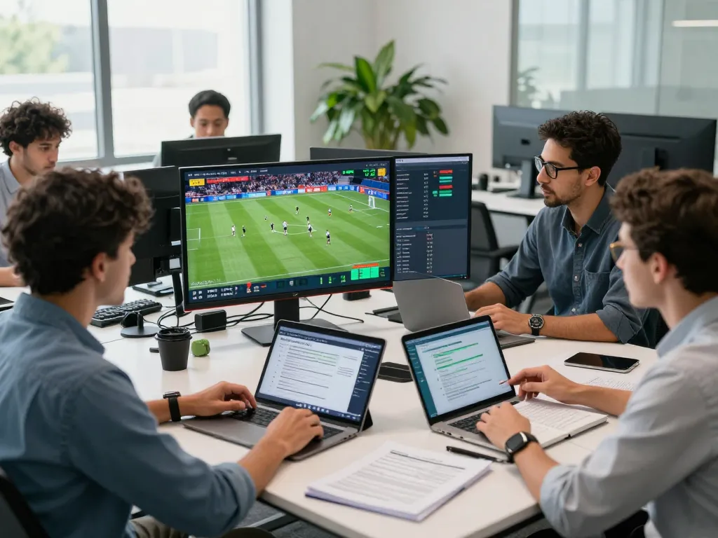 Real-time analysis of soccer scores on Nowgoal by diverse sports analysts in a modern office setting.