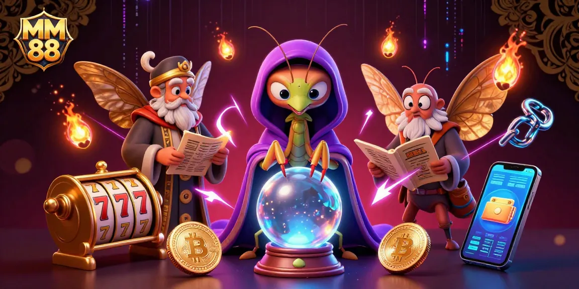 Engaging MM 88 gaming scene featuring a cartoon fortune teller, scholarly moth, and vibrant slot reels.