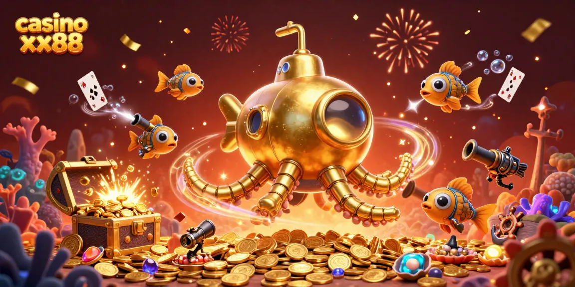 Engage with casino xx88's captivating golden kraken submarine amidst treasure and excitement.