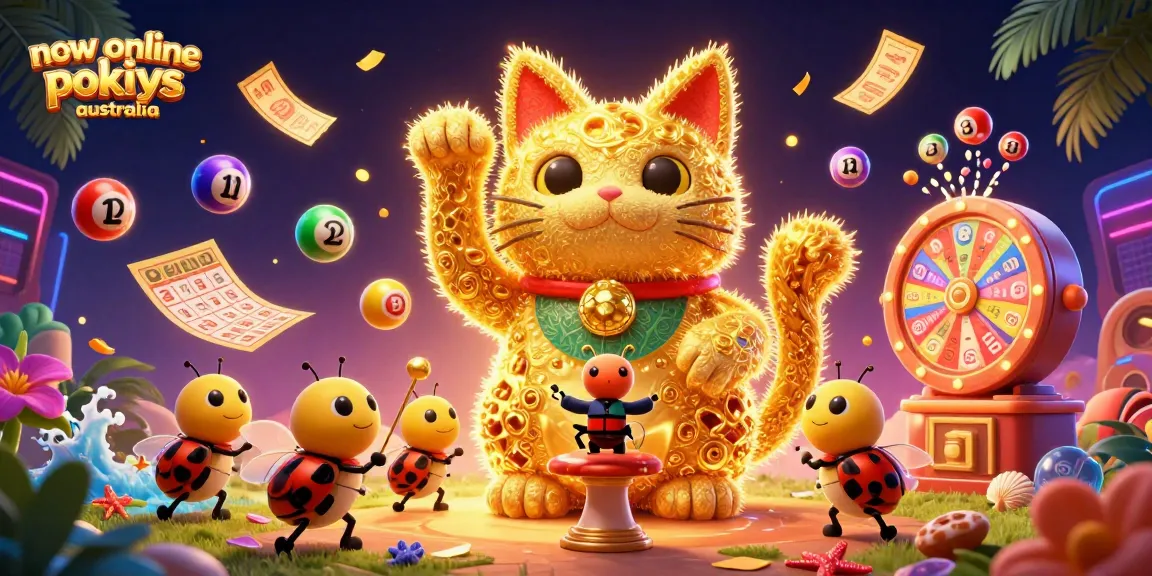 Engage with new online pokies Australia through vibrant 3D illustration featuring colorful casino elements and lucky symbols.