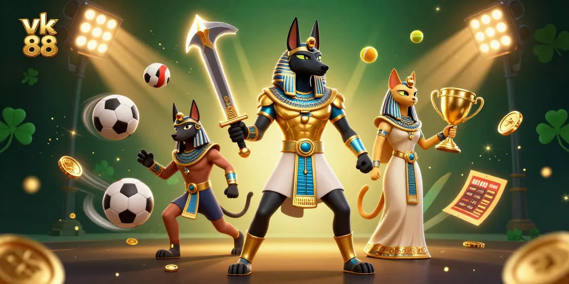 Bet on your luck with vk 88 in a vibrant online casino scene featuring Egyptian warriors and sports elements.