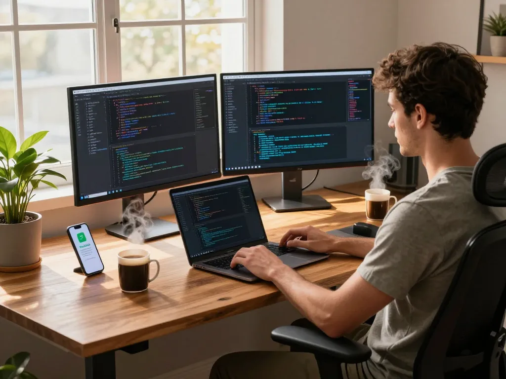 Developer using MoltBot on Mac in a modern home office, showcasing coding and tech accessories.