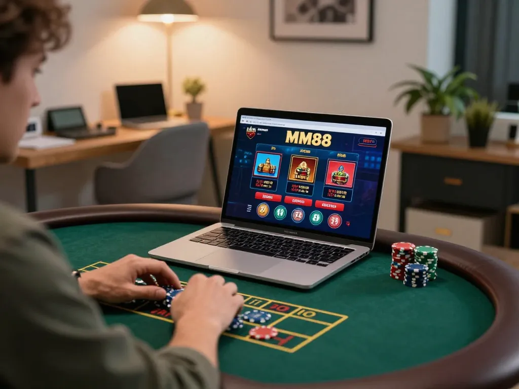 Player strategizing on MM88 online gambling platform, focused on laptop screen while managing chips.
