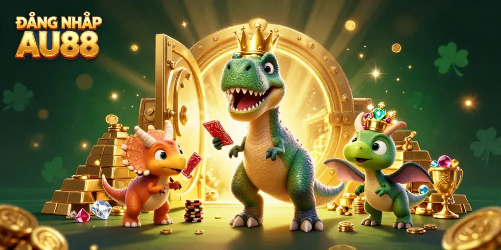 Engage with ĐĂNG NHẬP AU88 at the vibrant casino scene with cartoon dinosaurs, treasures, and rich details.