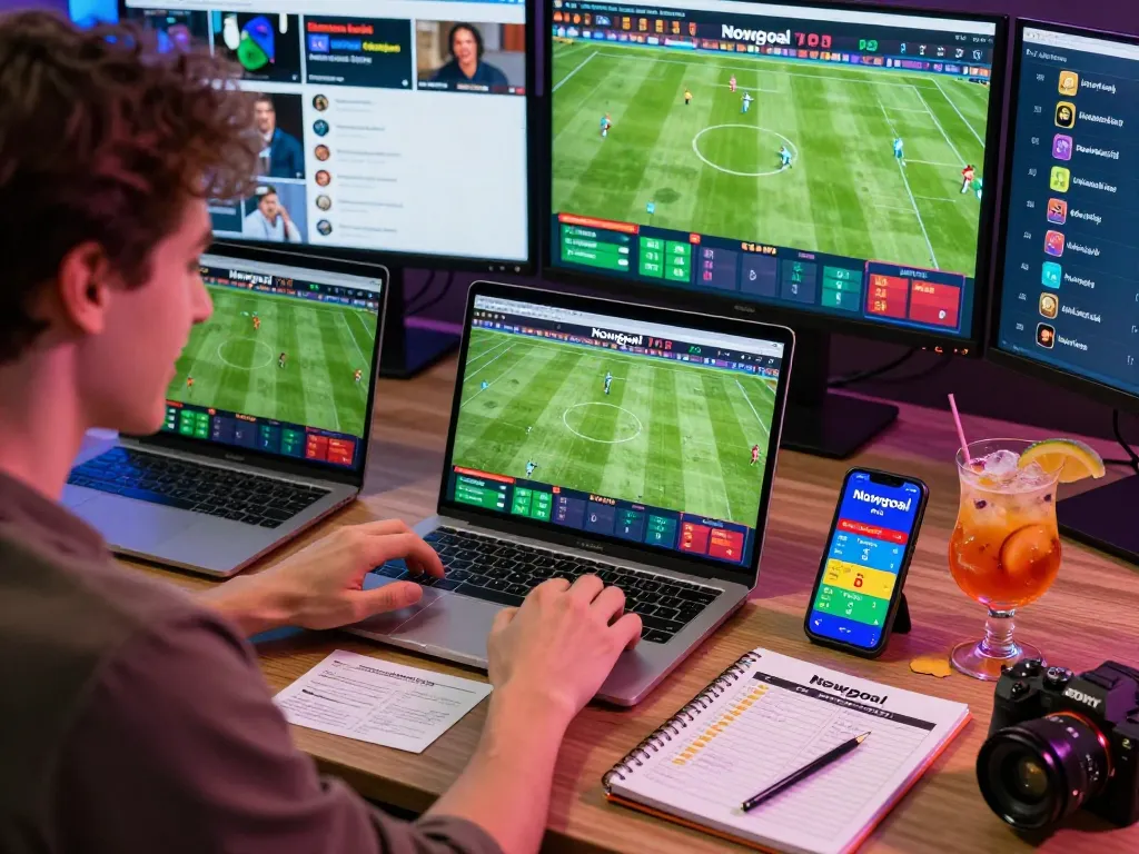 Nowgoal betting excitement showcasing a person thrilled by live football matches and dynamic odds on multiple screens.