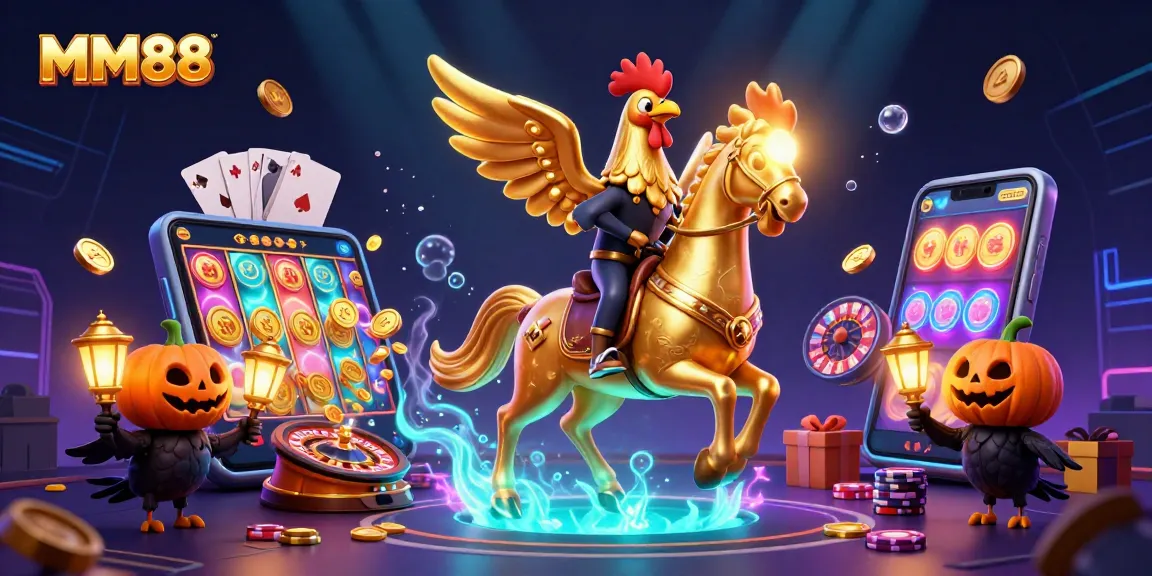 Experience MM88's thrilling casino adventures with headless horseman and golden rooster characters amidst captivating gaming visuals.