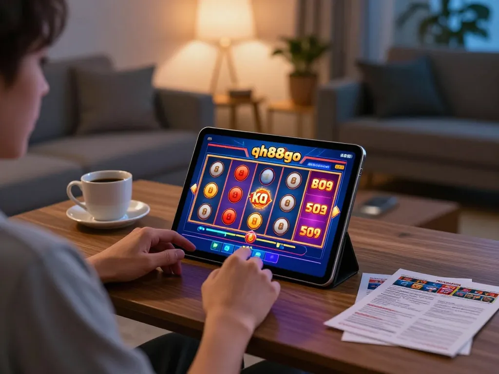 Player enjoying slots on qh88go app in cozy home setting with modern decor.