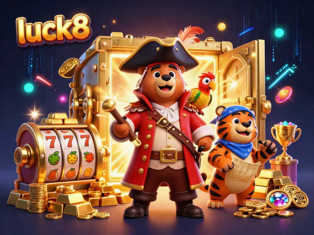 Experience luck8 with a 3D pirate captain bear, tiger, and treasure in a vibrant casino-themed scene