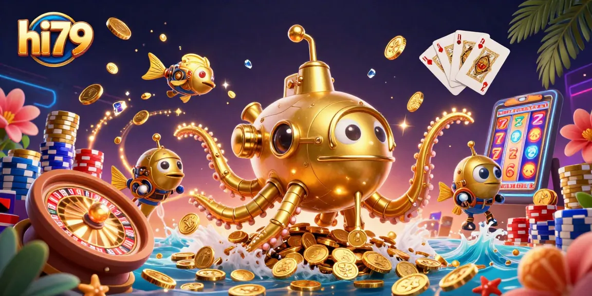 Join the excitement at hi79 with a dynamic illustration of a golden kraken submarine amidst casino treasures.