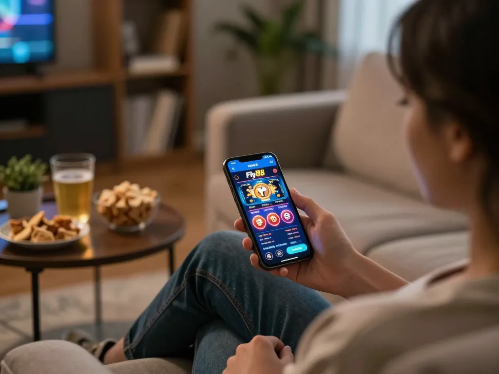 Engaging in fly88 mobile gaming on a cozy couch, showcasing online casino excitement.