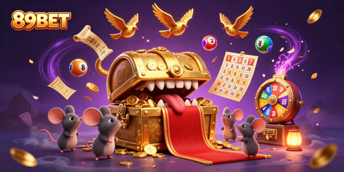 Engage with the exciting 89BET treasure chest scene featuring golden coins, vibrant lottery balls, and dynamic gaming elements.