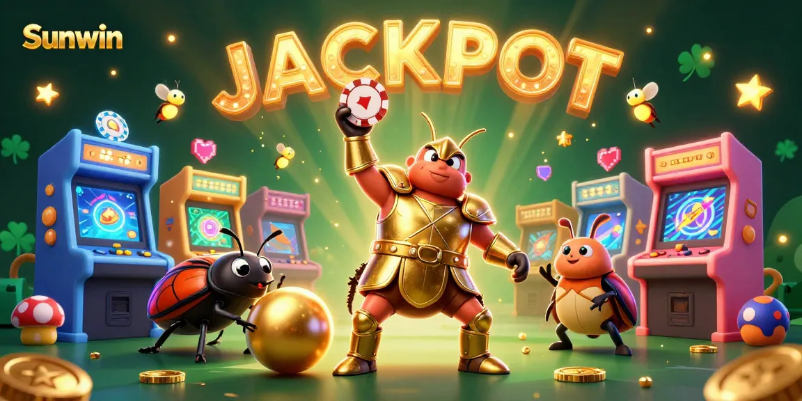 Sunwin showcases a vibrant jackpot theme with a heroic beetle and glowing game elements.