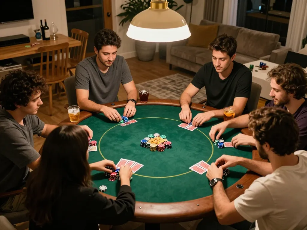 Players enjoying an engaging poker game night at home with 789BET, capturing strategic moments and camaraderie.