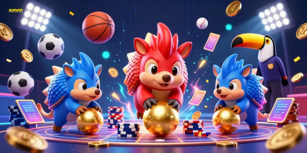 Sunwin features rival pangolins bowling through poker chips in a dynamic 3D gambling scene.