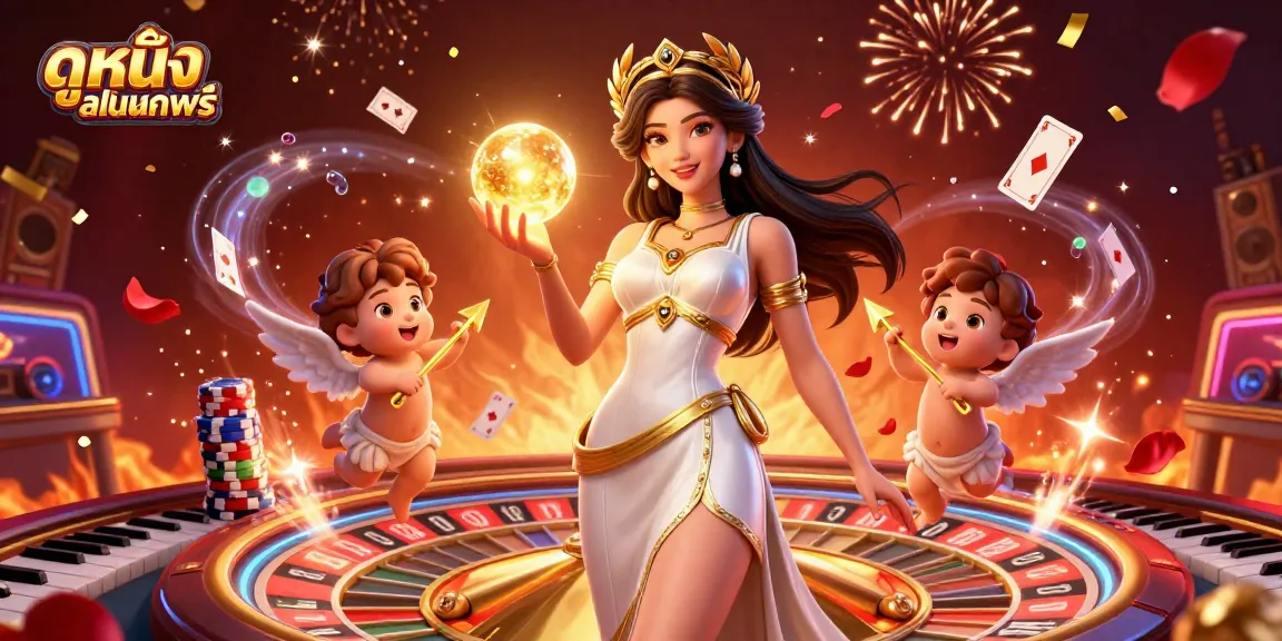 Win big with ดูหนังออนไลน์ฟรี as a glamorous goddess and cherubs celebrate in the casino!