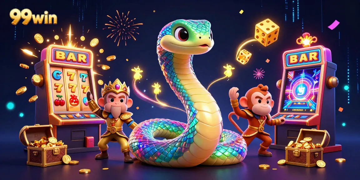 Feel the excitement of 99win with a vibrant illustration of a jackpot scene and magical elements