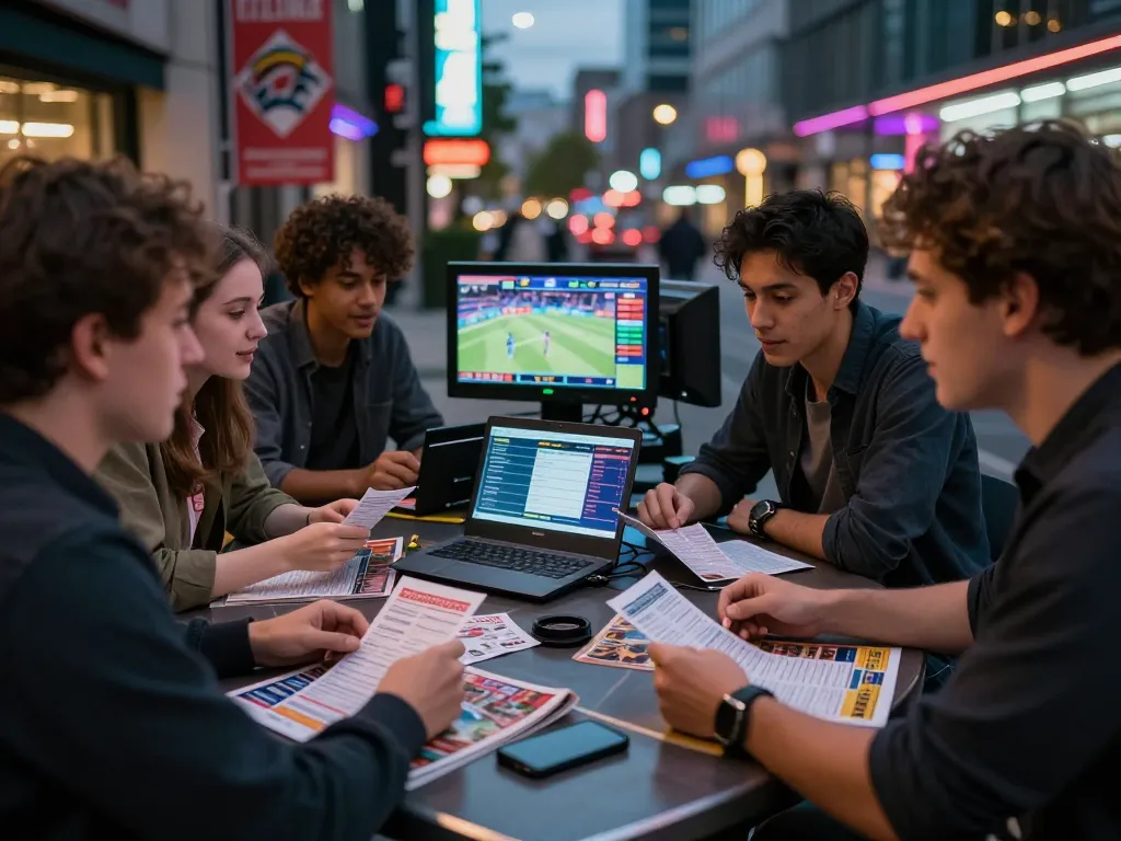 Friends excitedly discussing keonhacai sports betting strategies in urban nightlife.