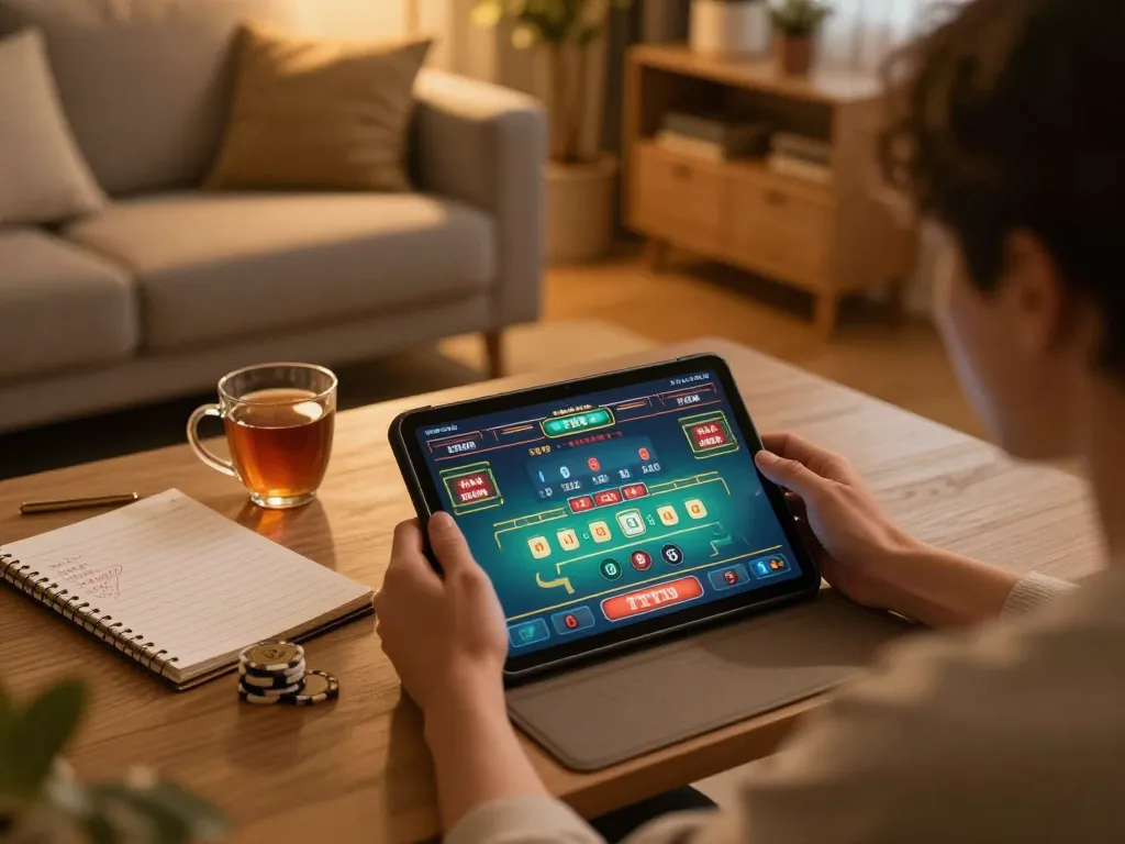 Engaging gameplay on a TT88 tablet showing live dealer action in a cozy home setting.