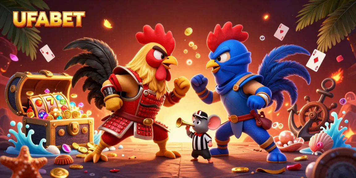 Bet and win big at UFABET with an action-packed scene of fighting roosters and casino elements.