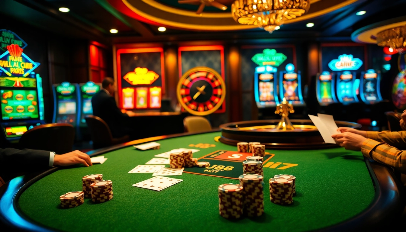 Exciting U88 casino players competing at an elegant poker table with vibrant chips and cards.
