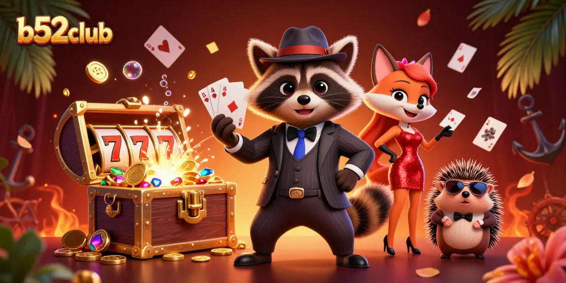 Engage in thrilling gameplay at b52club with a raccoon displaying a royal flush amidst a vibrant casino scene.
