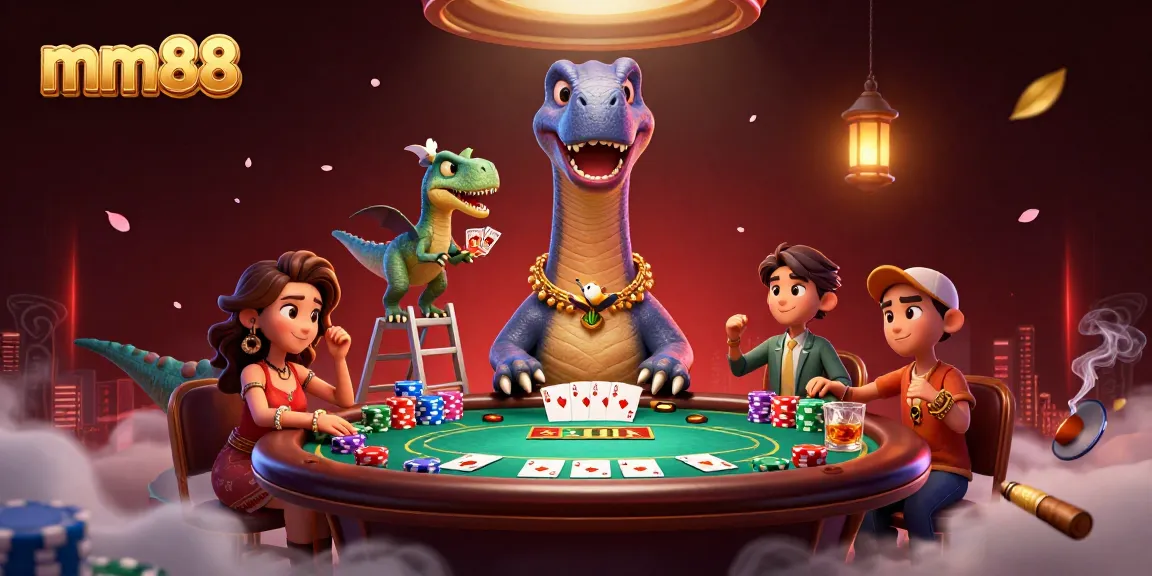 mm88 engages players in a dynamic poker scene with vibrant characters and casino elements.