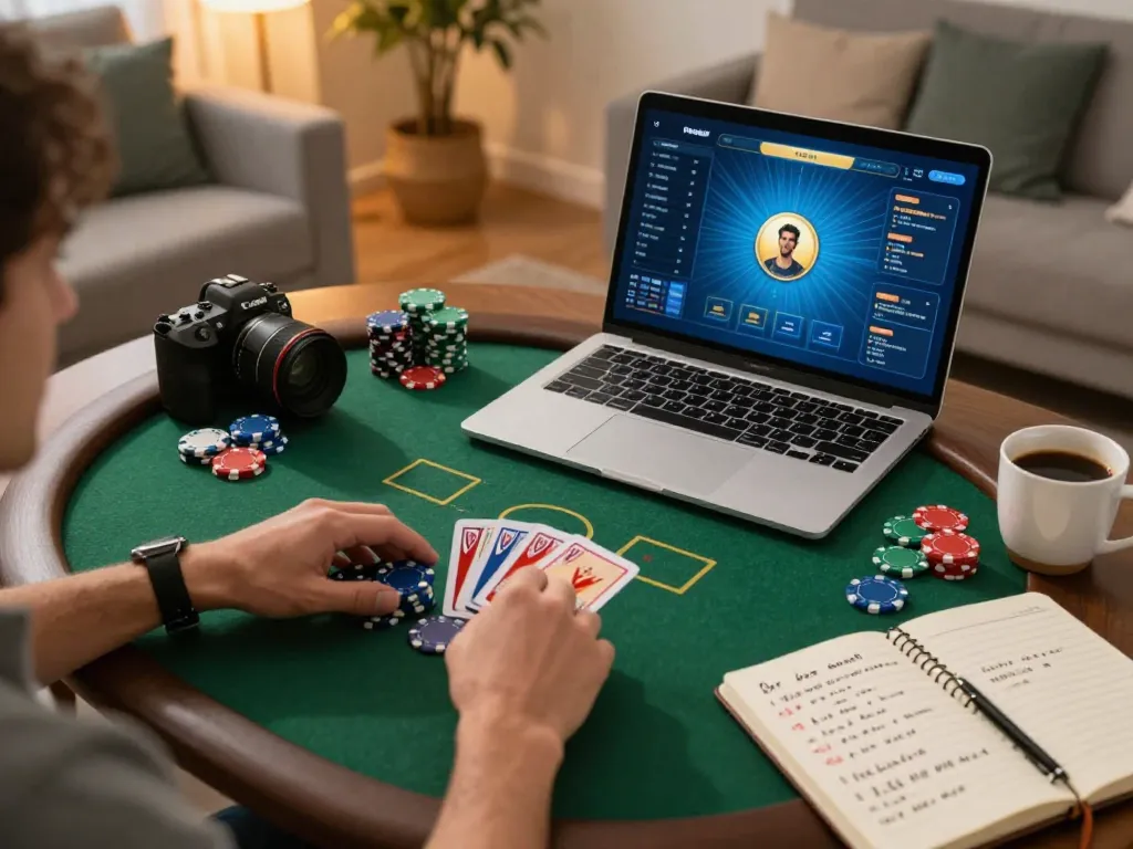 Players strategize during an online poker game at home using TR88, highlighting chips and cards.