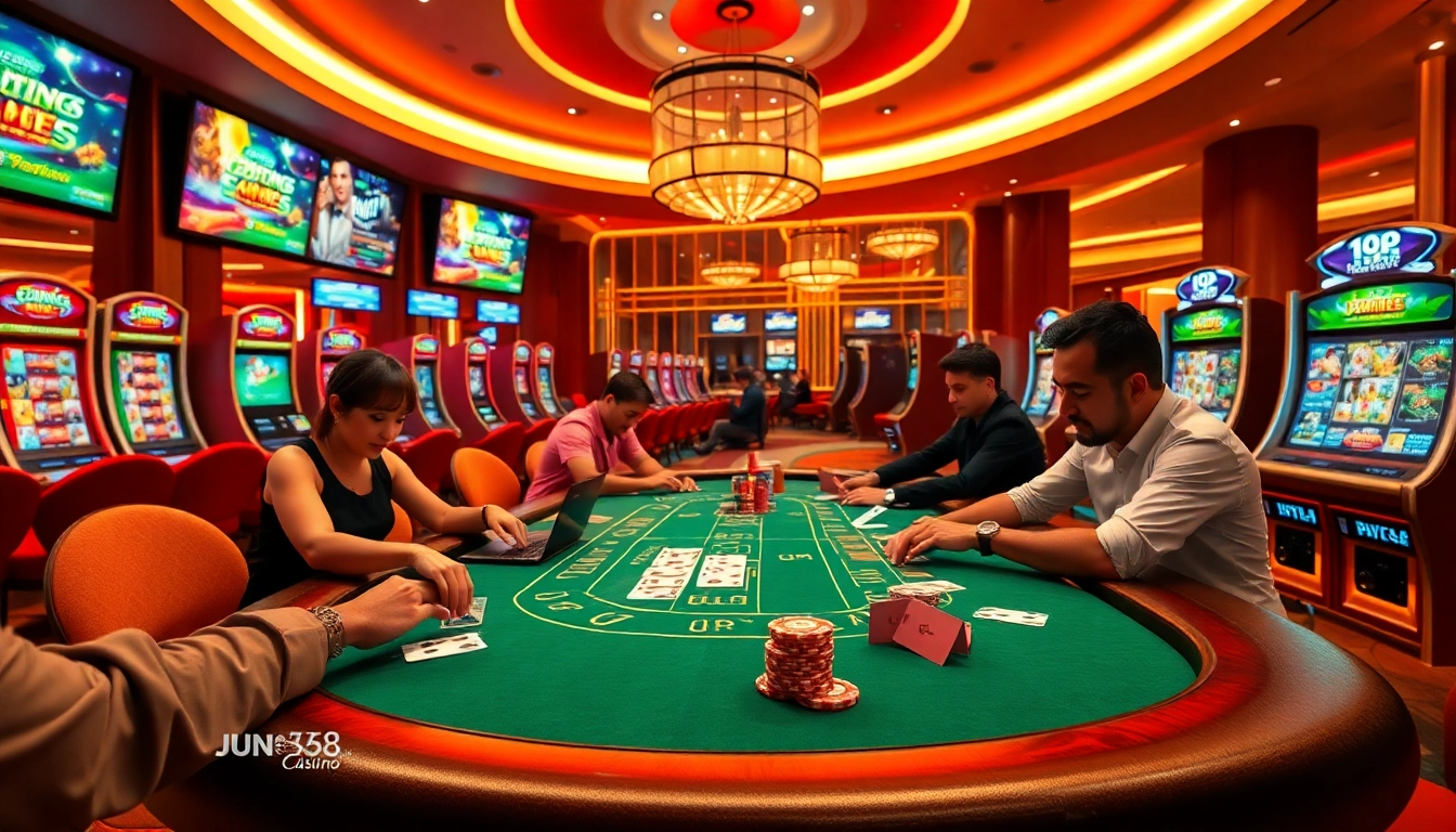Players enjoying the excitement of online gambling at jun 88 with vibrant casino elements.