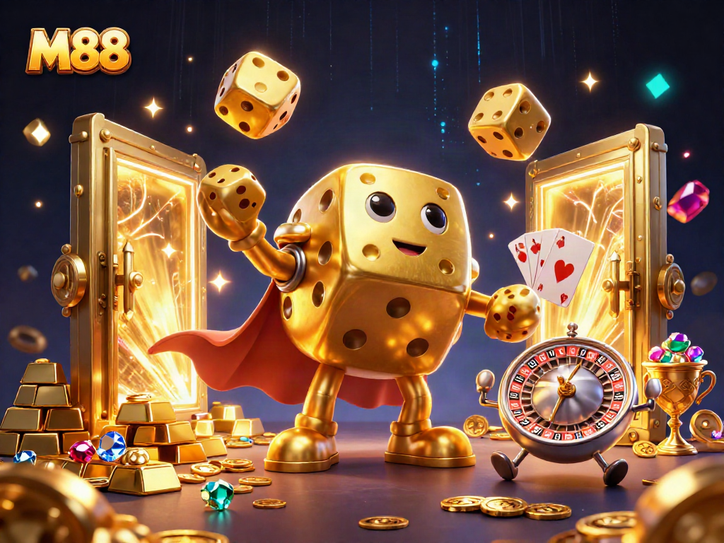 M88 showcases a lively scene with a golden dice golem and enchanting casino elements, elevating your gaming experience.