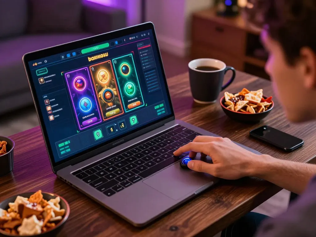 A player engaging with the gamebainohu online slots interface on a laptop, creating an immersive gaming experience.