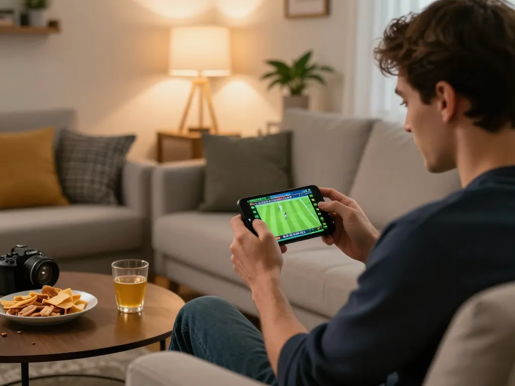 Engaging in kèo nhà cái sports betting on a smartphone in a cozy home setting.
