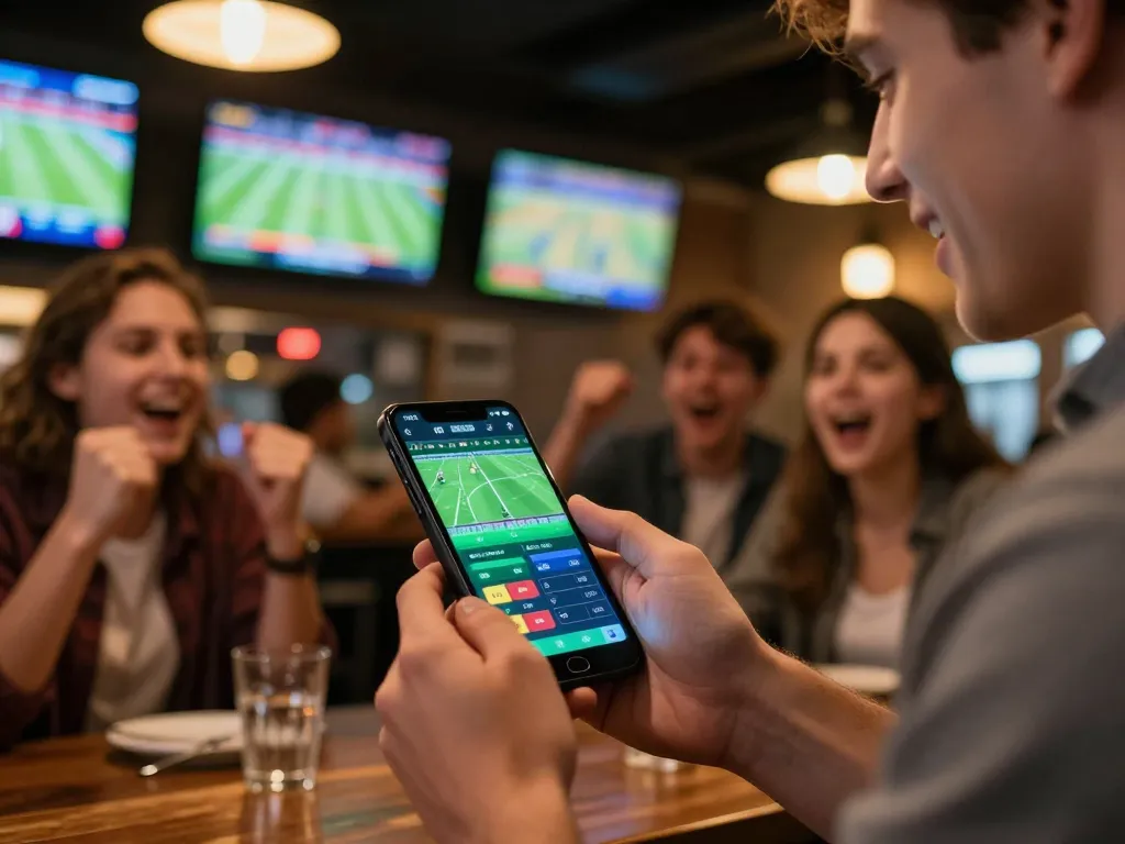 Win678 sports betting enthusiast placing bets on smartphone amid vibrant bar atmosphere