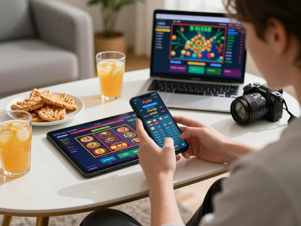 Engaged player using Fly88 app for dynamic online gambling experience with games displayed.