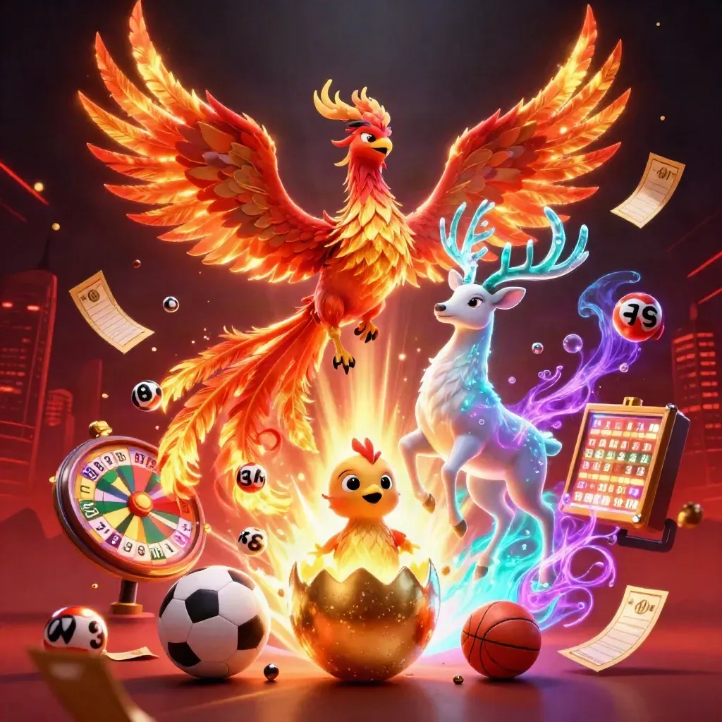 Phoenix, stag, and hatching chick amid casino icons and neon light