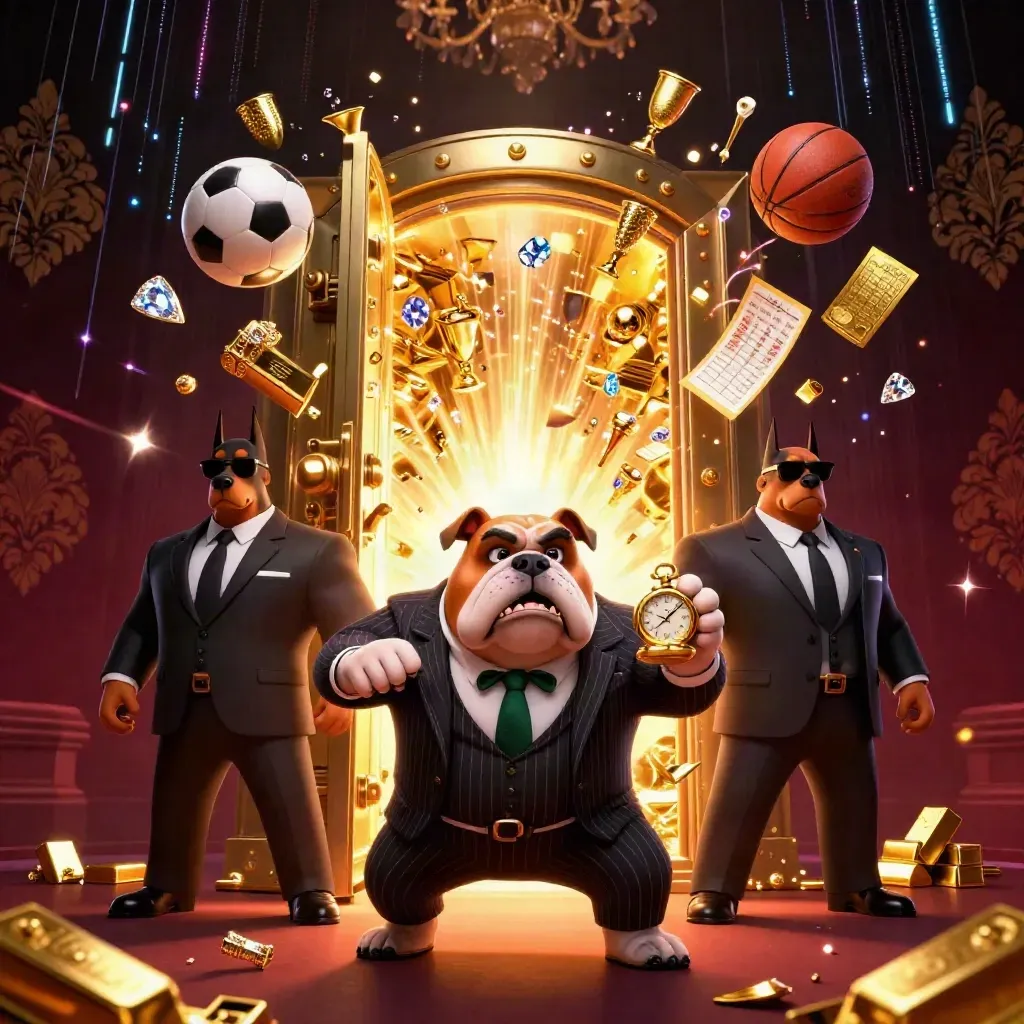 Mafia bulldog and Doberman guards burst from a glowing vault amid gold, gems, and neon energy