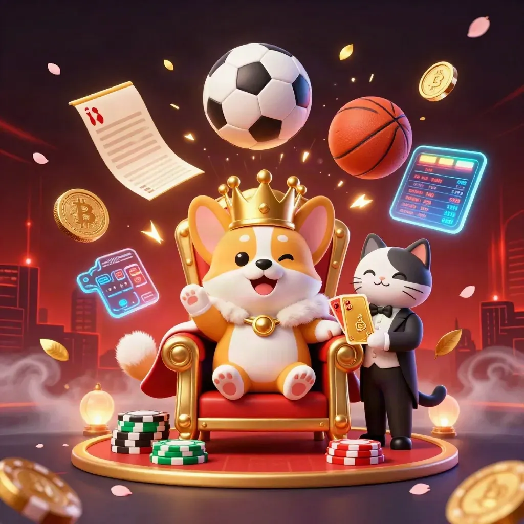Crowned corgi and cat butler amid flying sports balls, crypto coins, and neon casino glow.