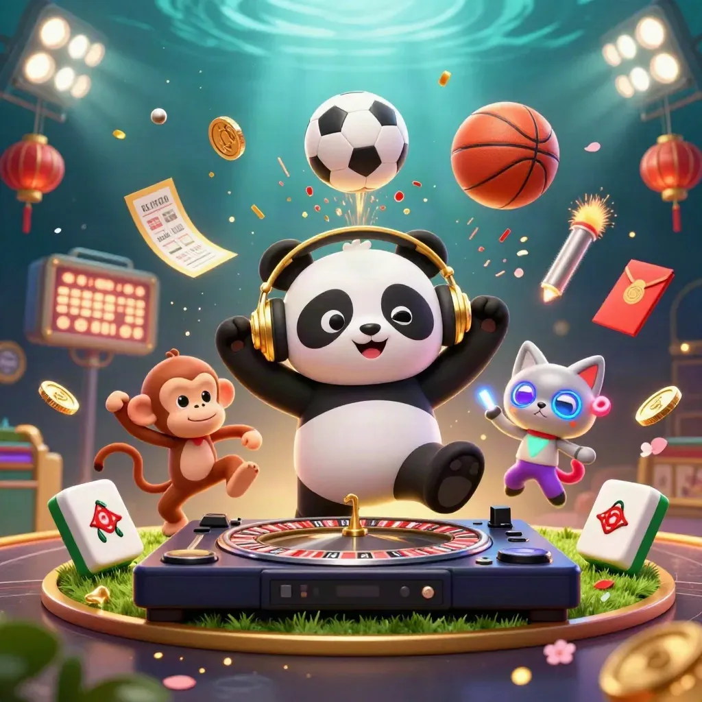 DJ panda, dancing monkey and glow kitten amid flying balls, coins and casino neon.