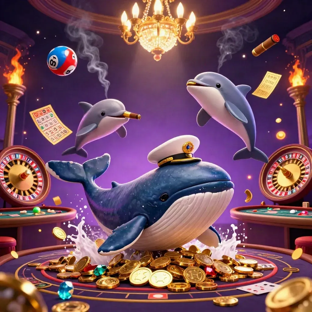 Whale captain, narwhal and dolphins in a glittering casino room with coins, wheel and cards.
