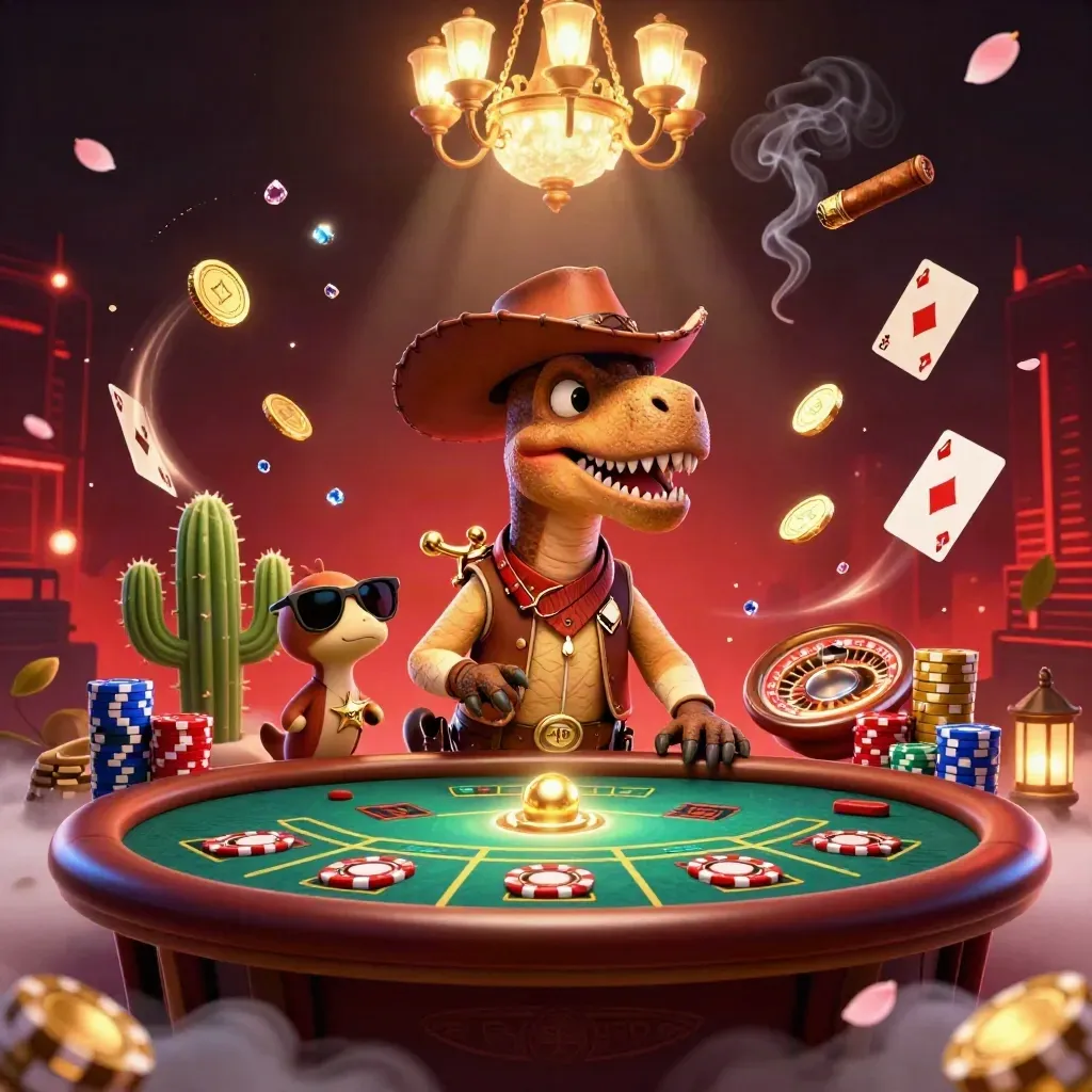 Cartoon cowboy T-Rex, cactus, and roadrunner in a luxe casino scene with coins, cards, and a spinning roulette wheel.