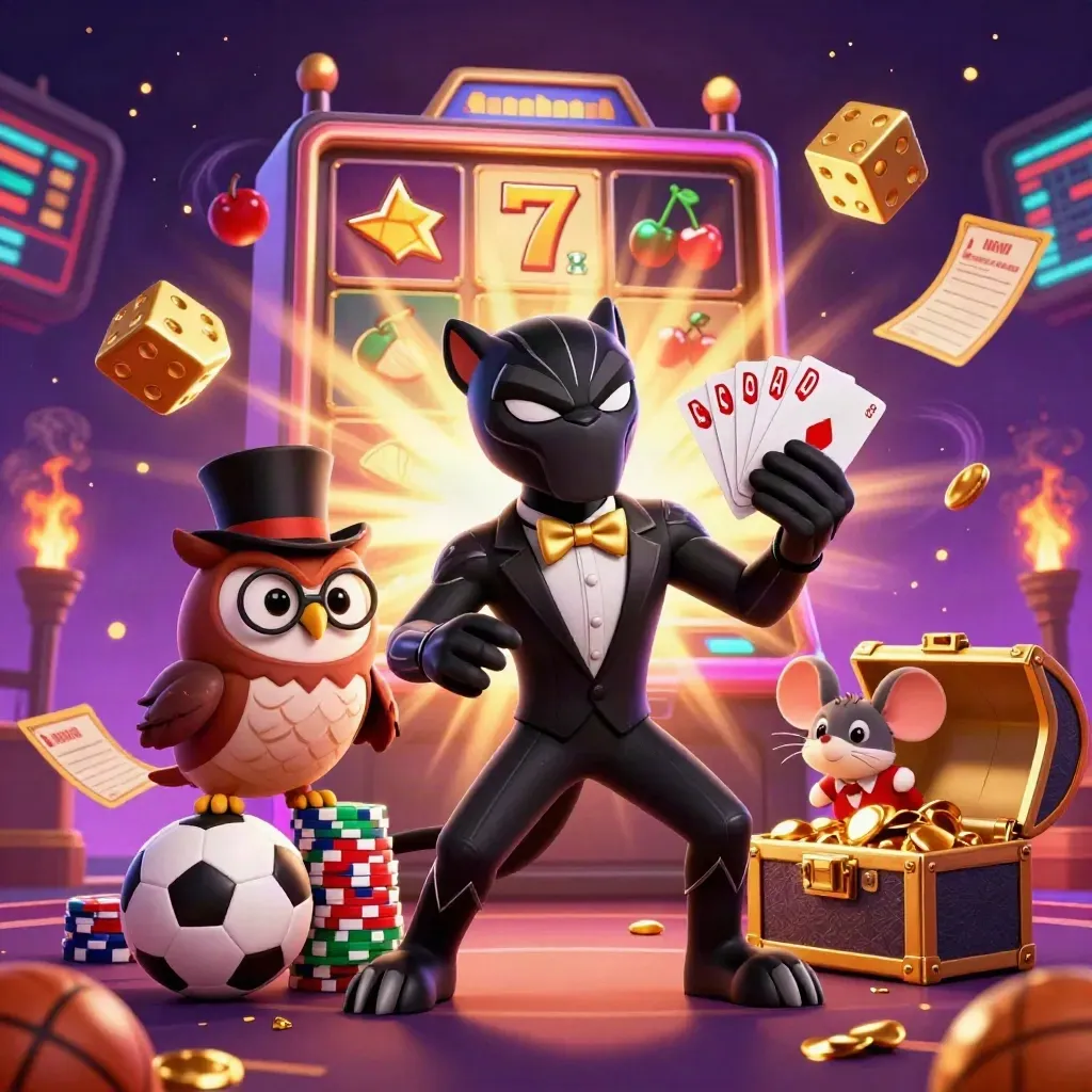 Cartoon panther, owl and mouse amid exploding slot machine, chips, gold, and sports props.