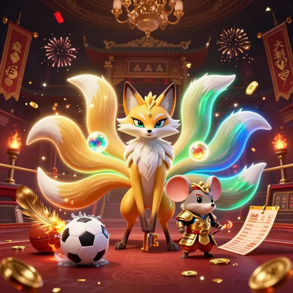 Nine-tailed fox spirit and golden-armored mouse amid casino sports icons and glowing effects.