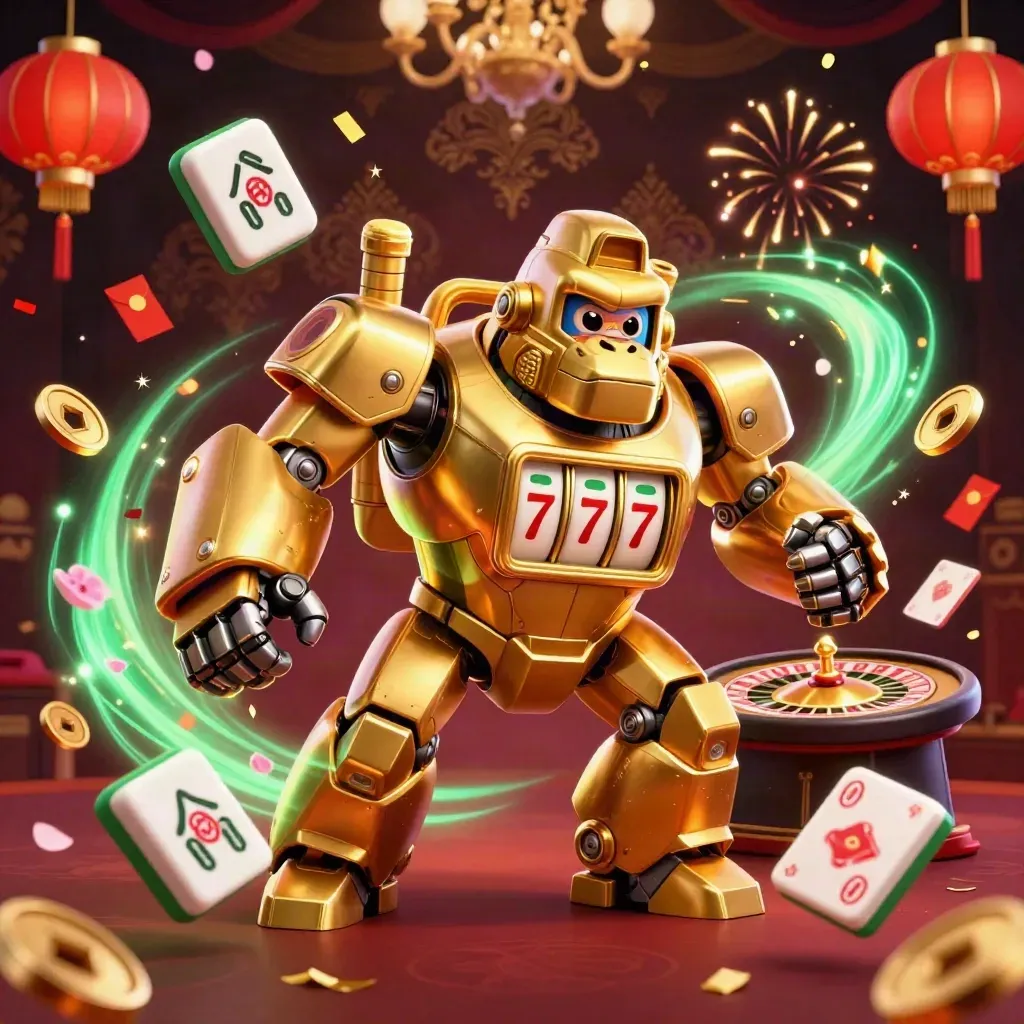 Golden gorilla mech with monkey pilot amid casino props, lanterns, confetti and luxe damask bokeh.