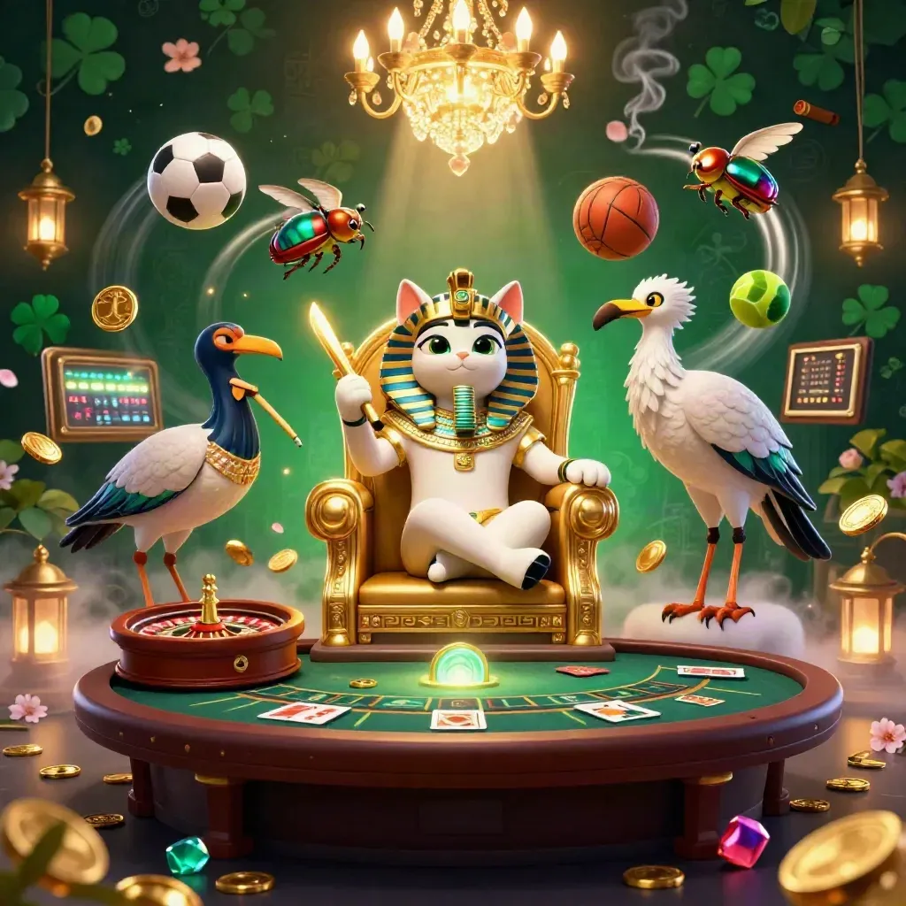 Pharaoh cat, ibis scribe, scarabs, spinning wheel, sports balls, and casino glow in emerald-gold 3D