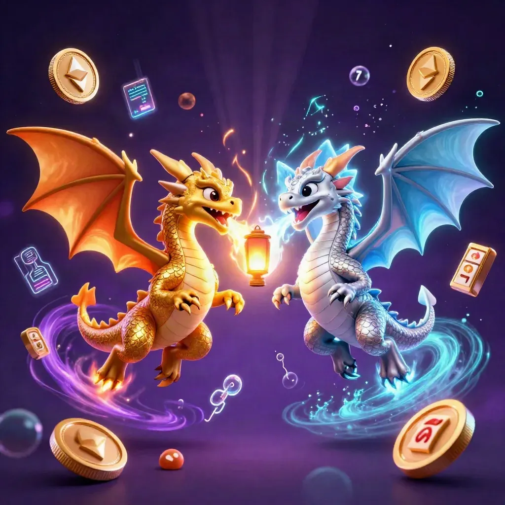 Twin gold and silver dragons circle a lantern spirit amid coins, lightning, and magical glow.