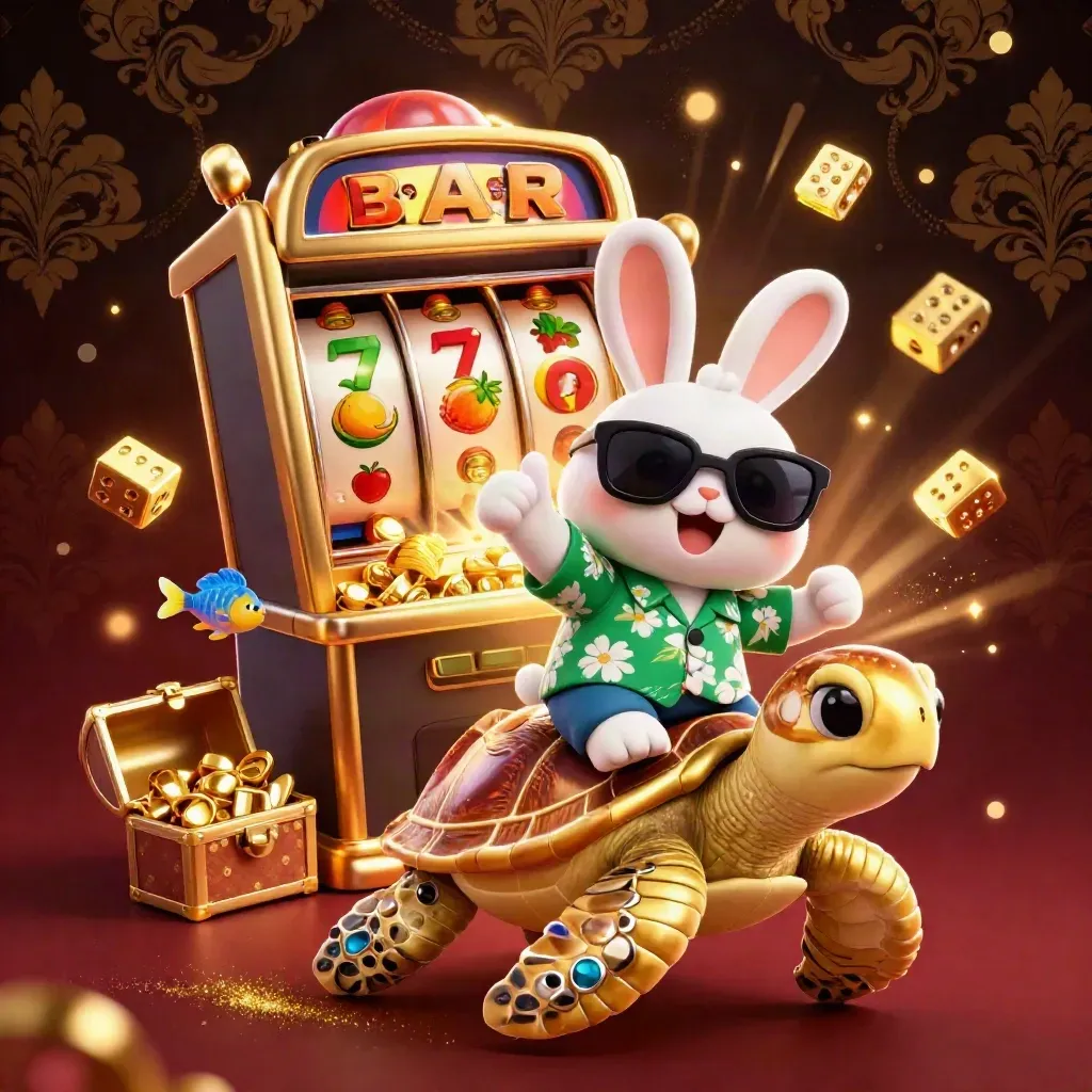 Lucky rabbit rides a jeweled sea turtle as a slot machine explodes with gold and gems.