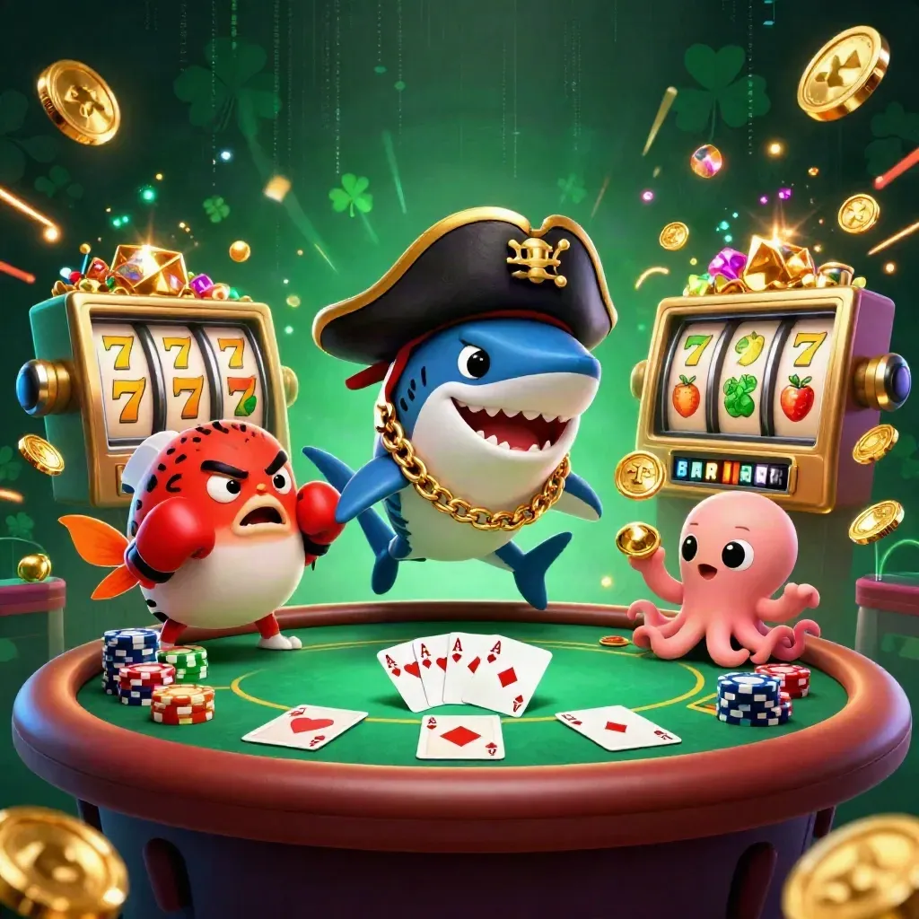 Pirate shark, boxing pufferfish, and coin-juggling octopus amid casino cards, chips, and neon effects.
