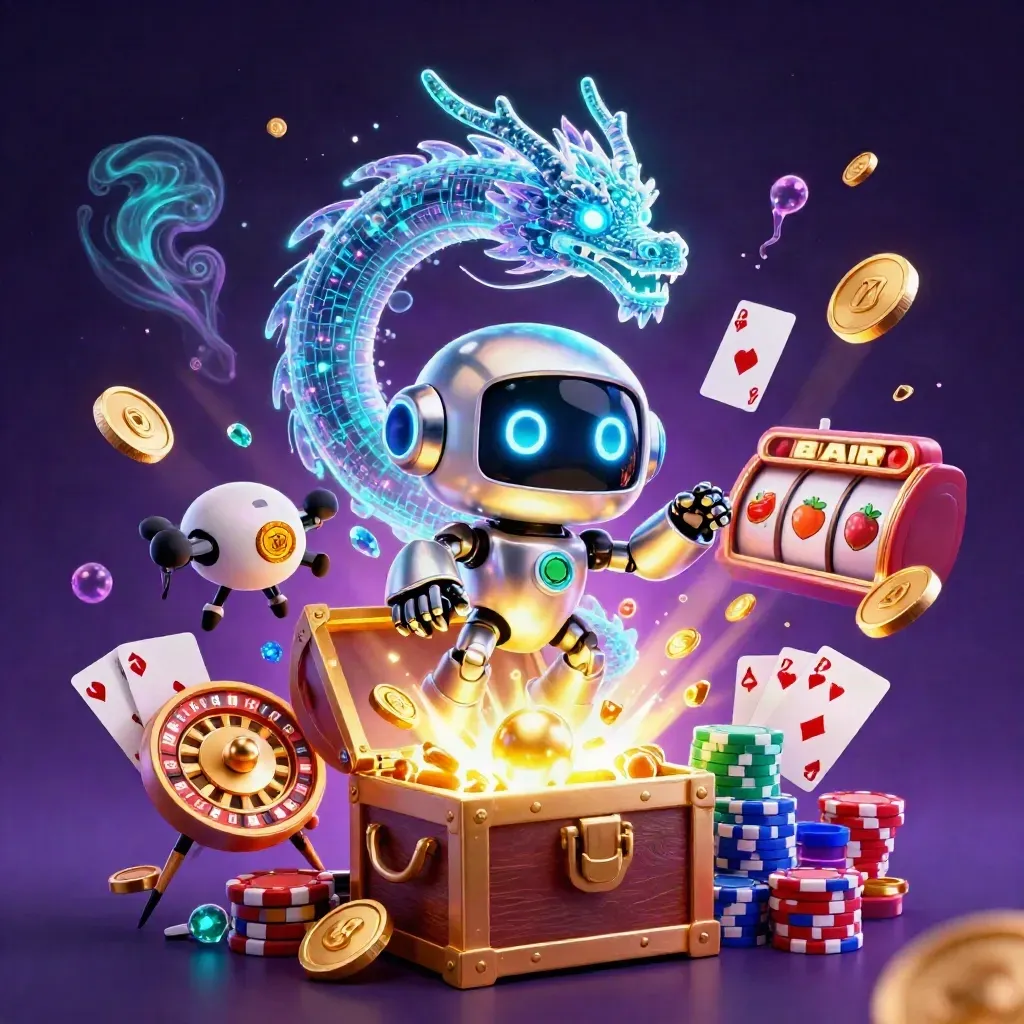 Cyberpunk robot, holographic dragon and coin drone amid treasure, gems and casino magic