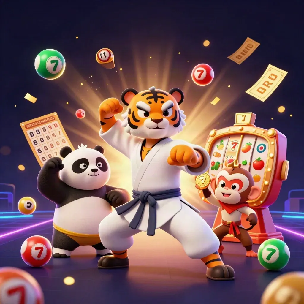 Kung-fu tiger, panda, and monkey amid casino props, gold sparks, neon indigo glow
