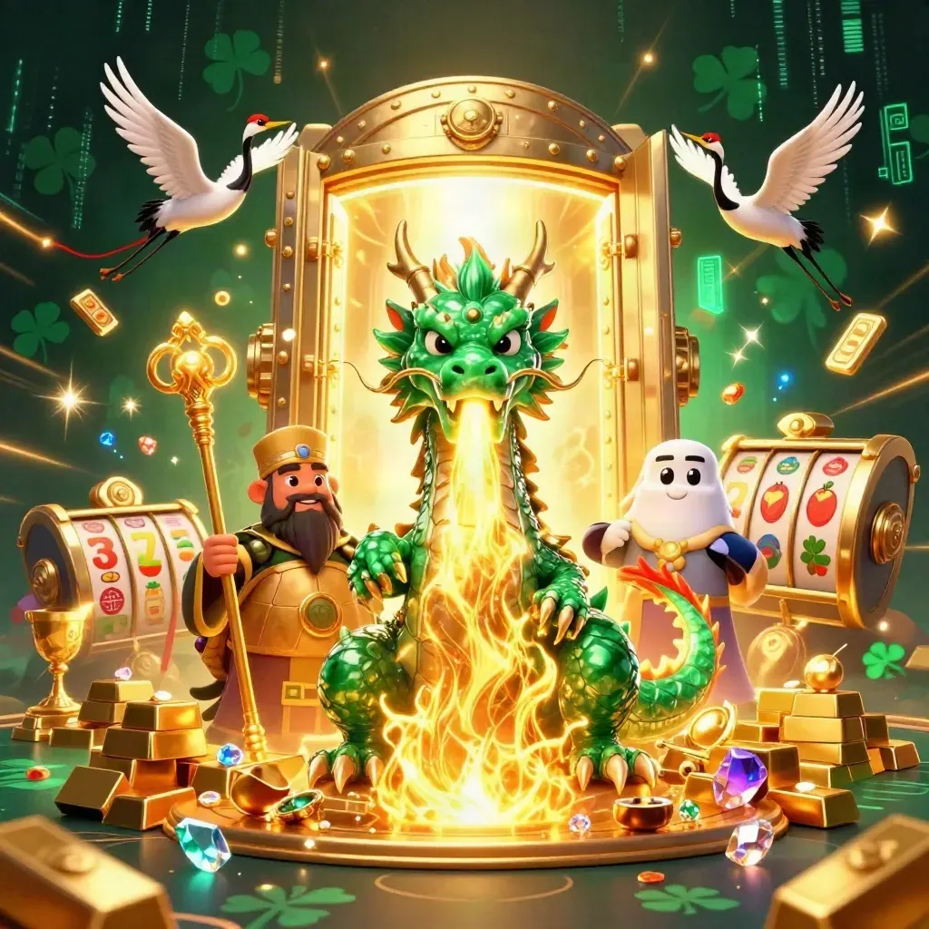 Emerald dragon, turtle sage, and cranes amid vault gold, gems, and neon casino effects.