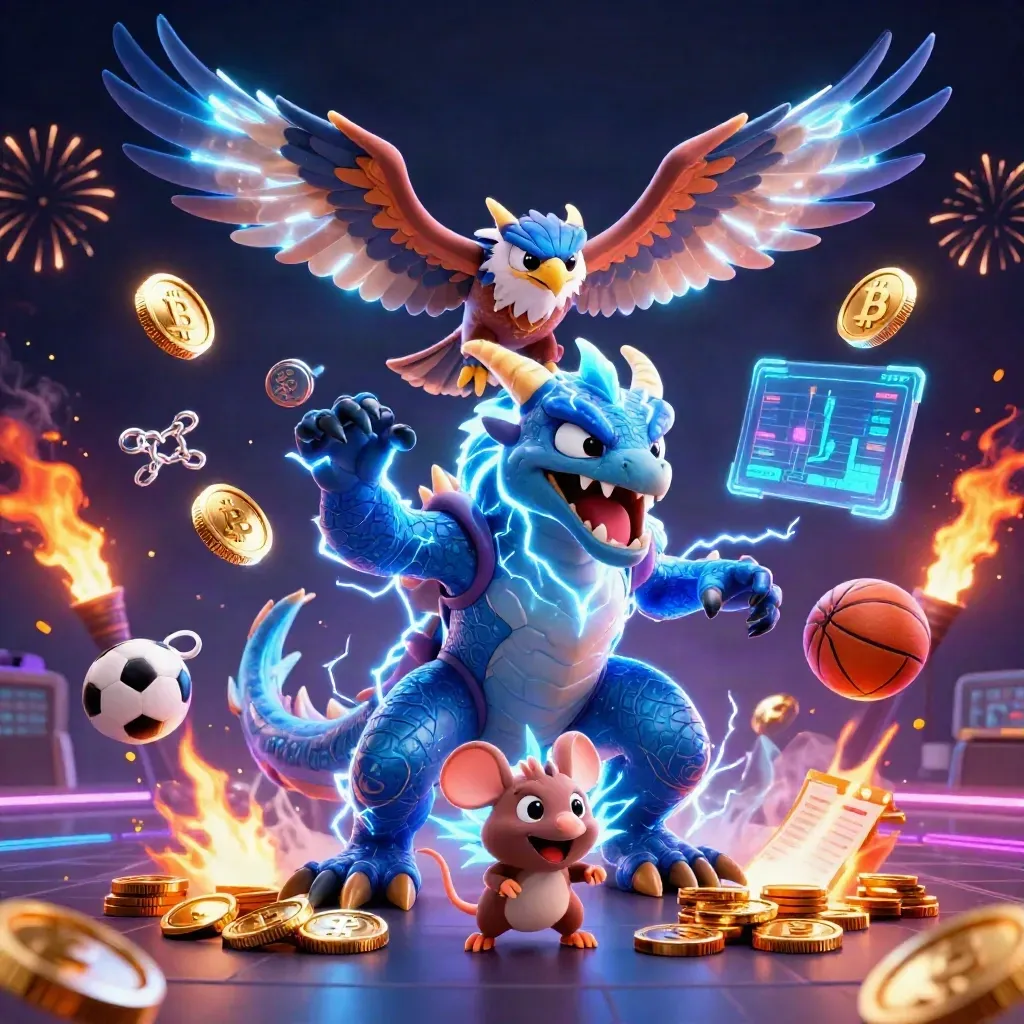 Thunder dragon, wind hawk and thunder-mouse amid coin burst and neon casino glow